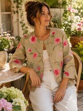 Ann Trinity Linen Blend Floral Embroidered Beaded Jacket Women's M Boho Cottagec